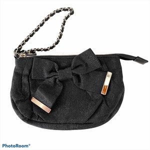 Express Black Evening Wristlet with Fabric Bow & Silver Zipper & Chain